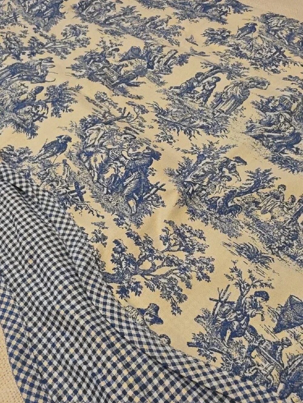 Waverly Blue and Cream Toile Swim Sarong with Gingham Trim